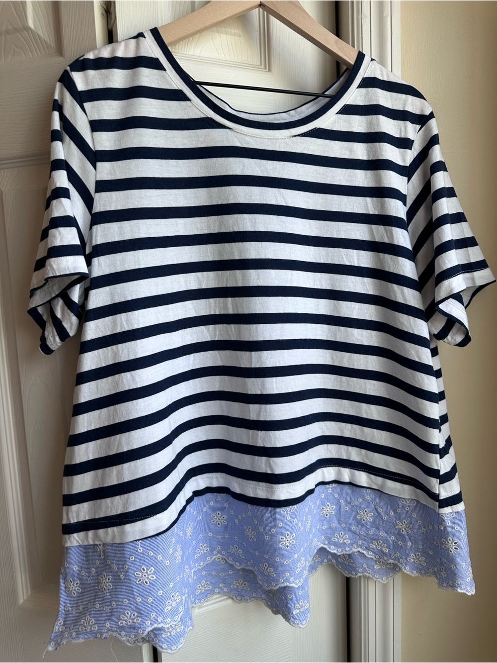 Sanctuary Navy & White Striped Tee with Eyelet Trim and Lace-Up Back